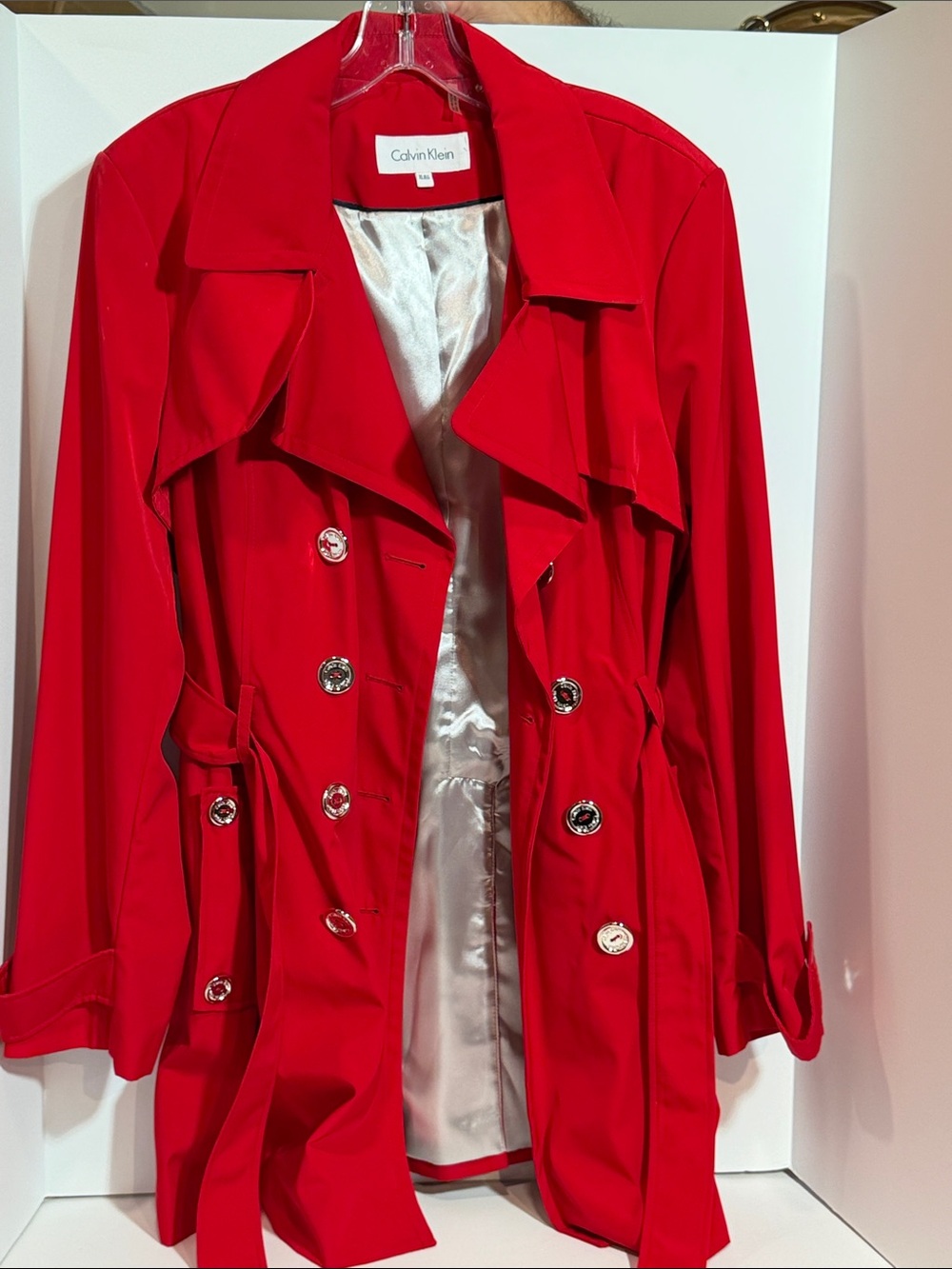 Calvin Klein Red Double-Breasted Short/Mid-Length XXL Trench Coat